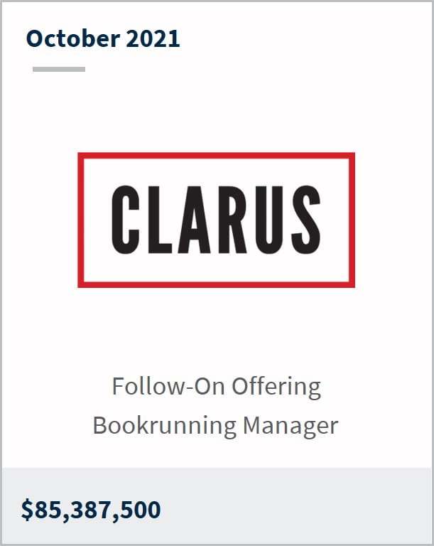 October 2021 Clarus Corporation $85,387,500 follow-on offering bookrunning manager