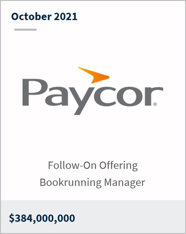 October 2021 Paycor $384,000,000 follow-on offering bookrunning manager