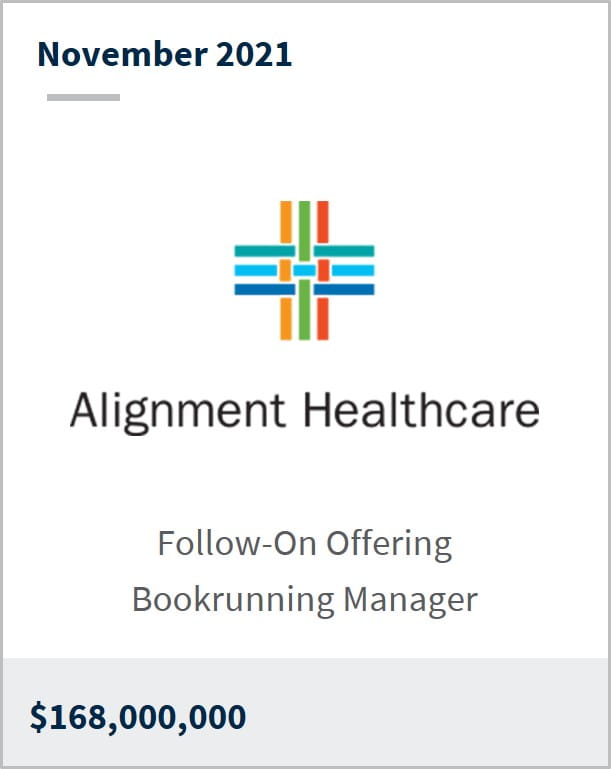 November 2021 Alignment Healthcare $168M follow-on offering bookrunning manager