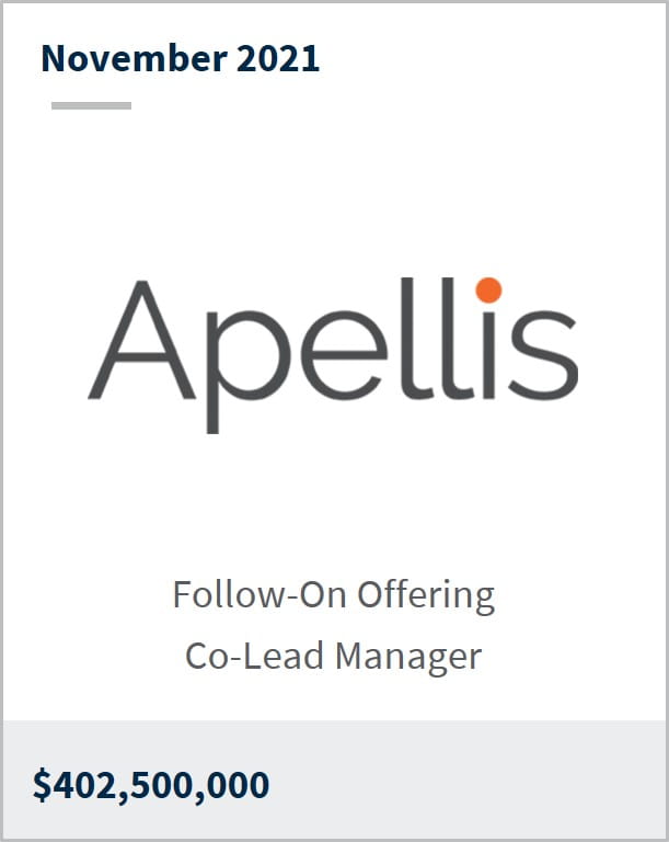 November 2021 Apellis Pharmaceuticals $402,500,000 follow-on offering co-lead manager