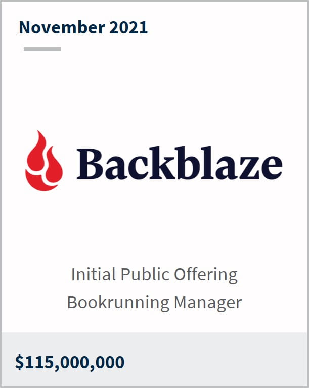 November 2021 Backblaze $115M initial public offering bookrunning manager