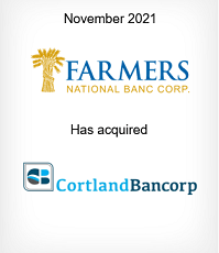November 2021 Farmers National Banc Corp has acquired Cortland Bancorp