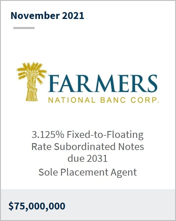 November 2021 Farmers National Banc Corp $75M 3.125% fixed-to-floating rate subordinated notes due 2031