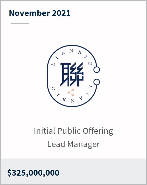 November 2021 LianBio $325M initial public offering lead manager