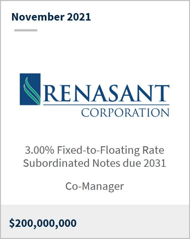 November 2021 Renasant Corporation $2M 3.00% fixed-to-floating rate subordinated notes due 2031