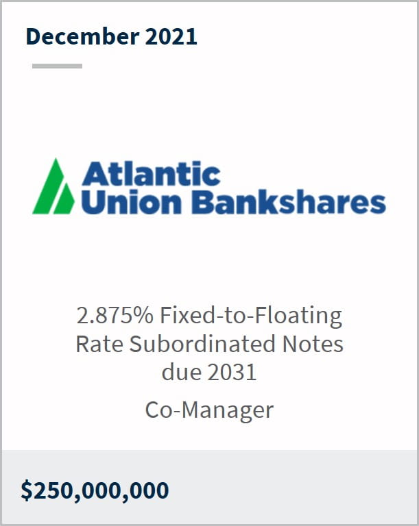 December 2021 Atlantic Union Bankshares $250M 2.875% fixed-to-floating rate subordinated notes due 2031