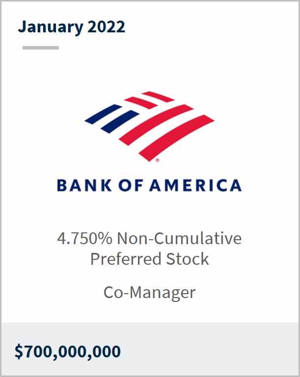 January 2022 Bank of America Corporation $7M 4.750% Non-Cumulative Preferred Stock Co-Manager