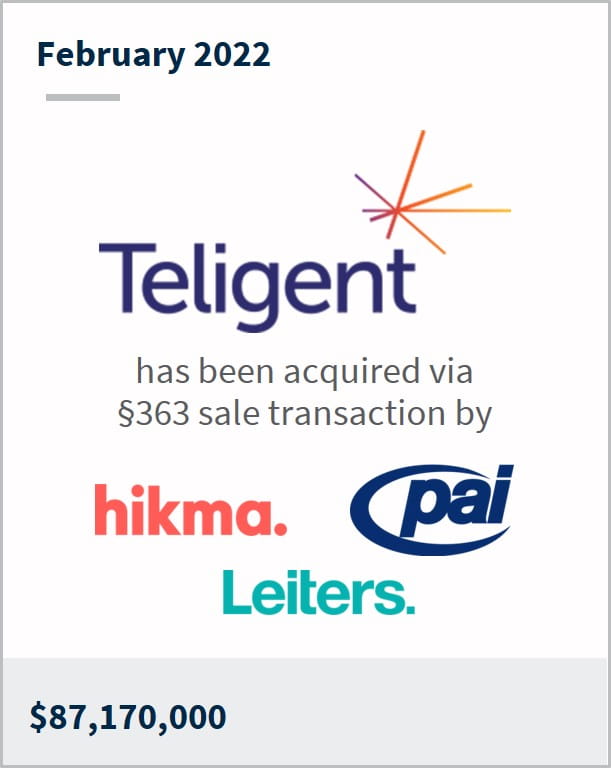 February 2022 Teligent has been acquired via 363 sale transaction by multiple companies $87,170,000