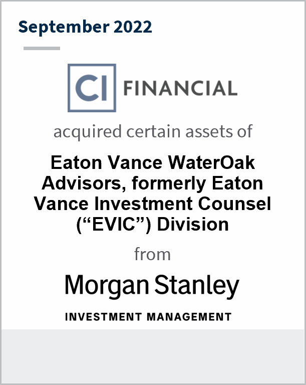 March 2022 CI Financial has entered into a definitive agreement to acquire certain assets of Eaton Vance WaterOak Advisors, formerly Eaton Vance Investment Counsel ("EVIC") Division from Morgan Stanley Investment Management