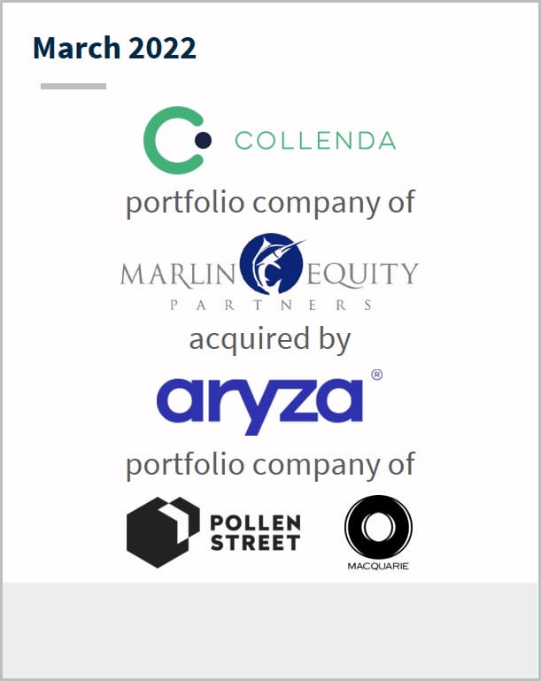 March 2022 Collenda a portfolio company of Marlin Equity Partners has been acquired by Aryza a portfolio company of Pollen Street and Macquare