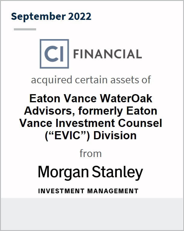 September 2022 CI Financial Has acquired certain assets of Eaton Vance WaterOak Advisors, formerly Eaton Vance Investment Counsel ("EVIC") Division from Morgan Stanley Investment Management