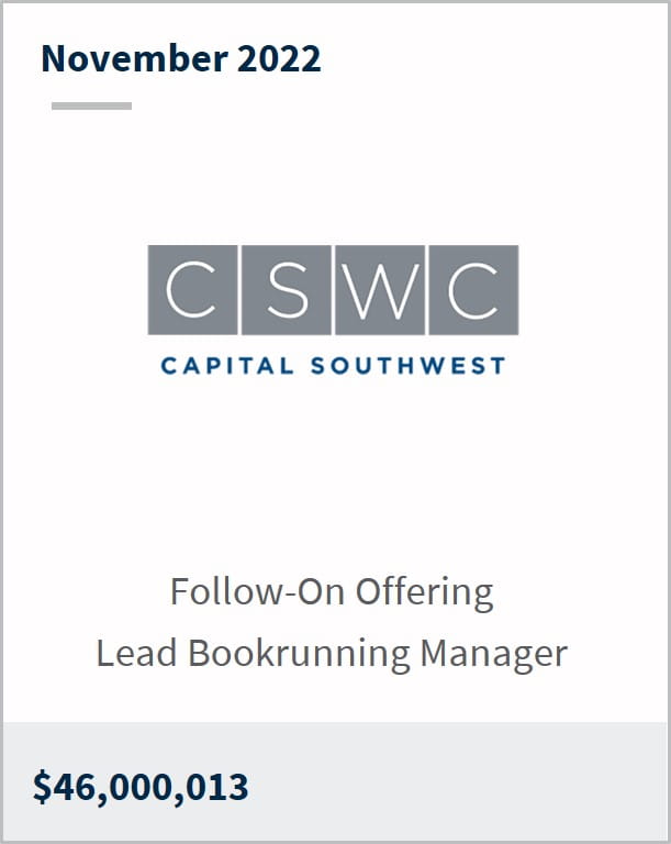 November 2022 Capital Southwest Corporation $46m Follow-On Offering Lead Bookrunning Manager