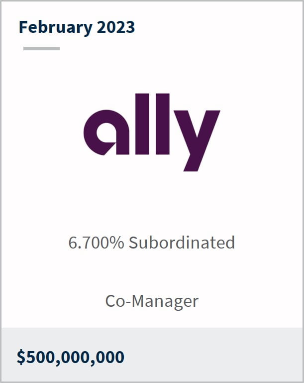 February 2023 Ally Financial $500m 6.700% Subordinated Notes due 2023 Co-Manager
