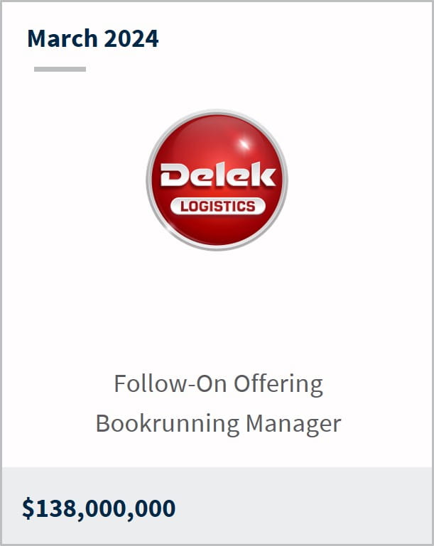 March 2024 Delek Logistics $138m Follow-On Offering Bookrunning Manager