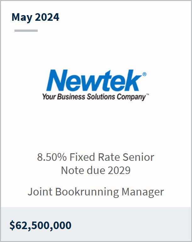 May 2024 NewtekOne $62.5m 8.50% Fixed Rate Senior Noted Due 2029 Joint Bookrunning Manager